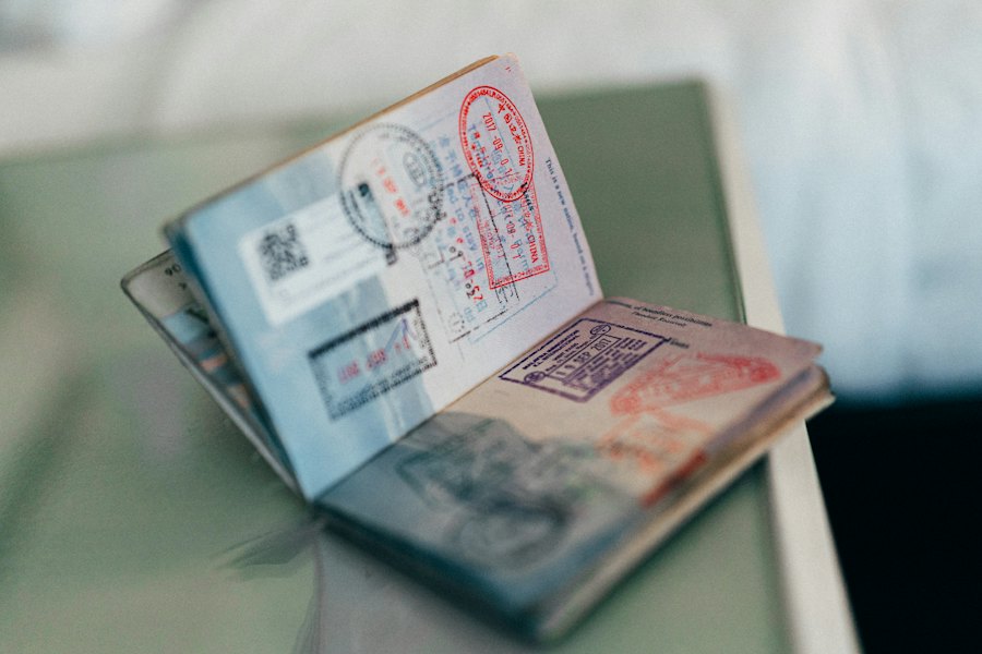 Open passport with travel stamps