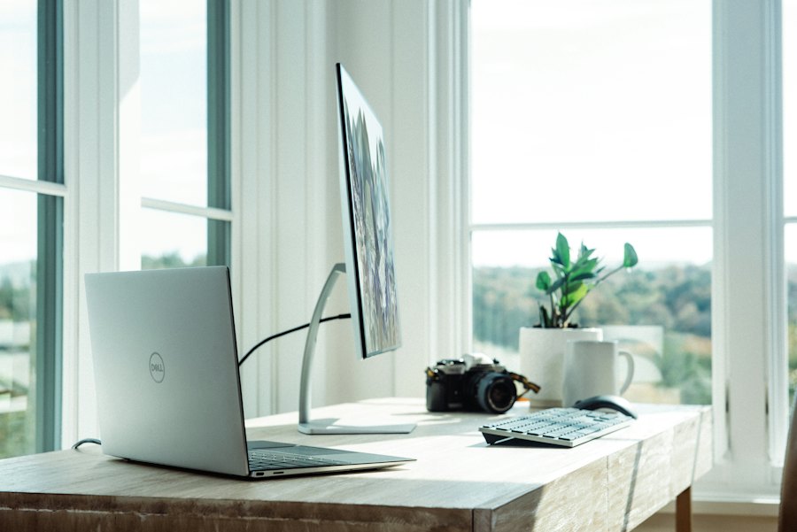Sunlit home-office desk with laptop
