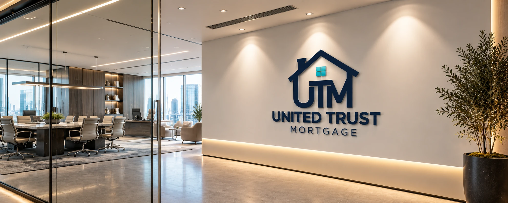 United Trust Mortgage logo on a reception wall